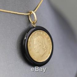 Vintage Italian Lira Coin Pendant on Black Onyx Frame in 14k Yellow Gold
