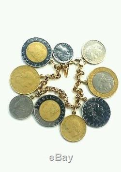 Vintage Milor 14k yellow gold lire italian coin rolo charm bracelet 7.5