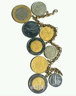 Vintage Milor 14k yellow gold lire italian coin rolo charm bracelet 7.5