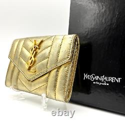 YSL Purse Gold Leather Card Wallet Yves Saint Laurent Cassandra Auth from Japan