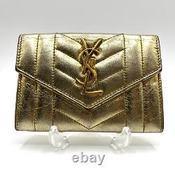 YSL Purse Gold Leather Card Wallet Yves Saint Laurent Cassandra Auth from Japan