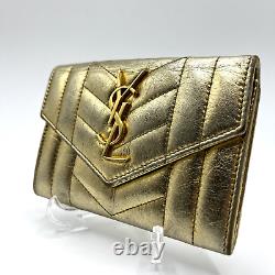 YSL Purse Gold Leather Card Wallet Yves Saint Laurent Cassandra Auth from Japan